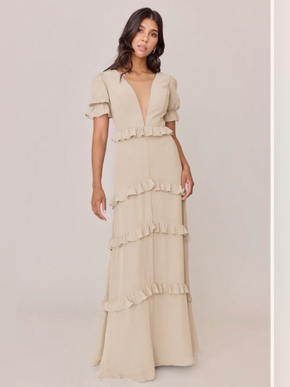 NWT REVELRY CHAMPAGNE HARLEY CHIFFON RUFFLED TIERED MAXI FORMAL DRESS SIZE 12